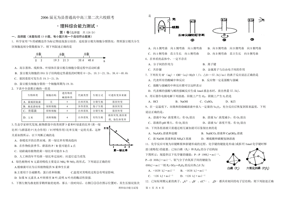 2006届无为县普通高中高三第二次六校联考理综试卷.doc_第1页