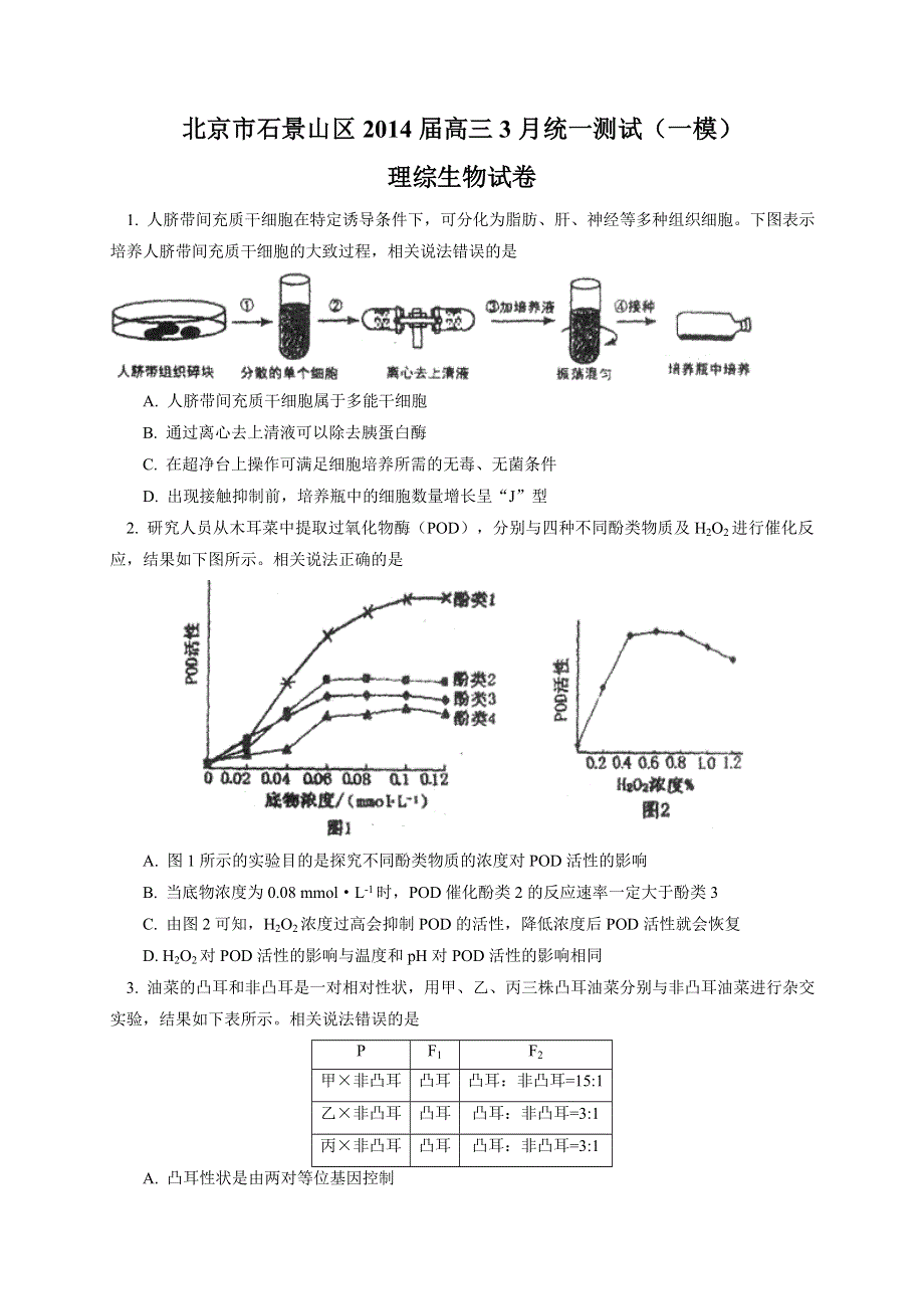 《2014石景山一模》北京市石景山区2014届高三3月统一测试 生物 WORD版含答案.doc_第1页