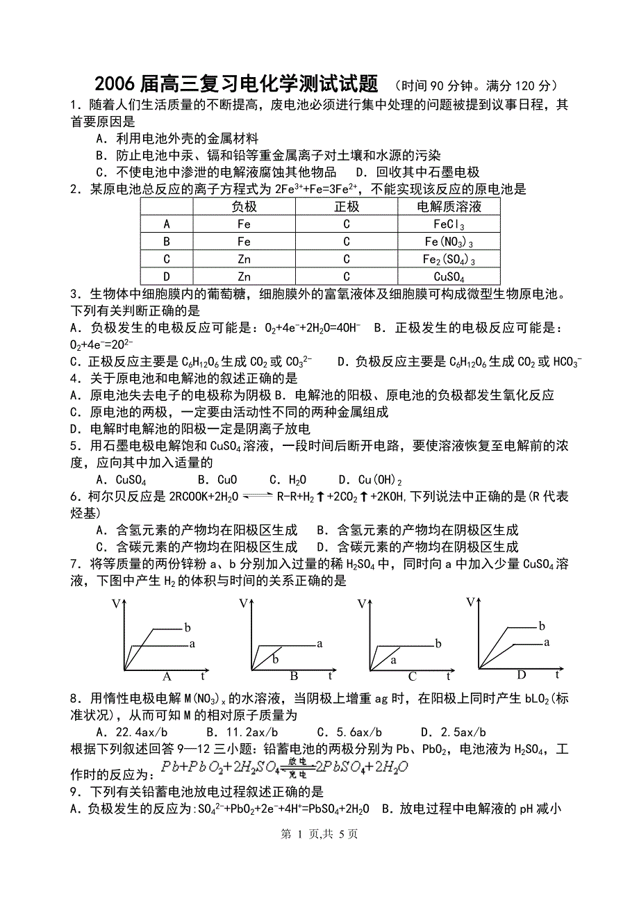 2006届高三复习电化学测试试题.doc_第1页