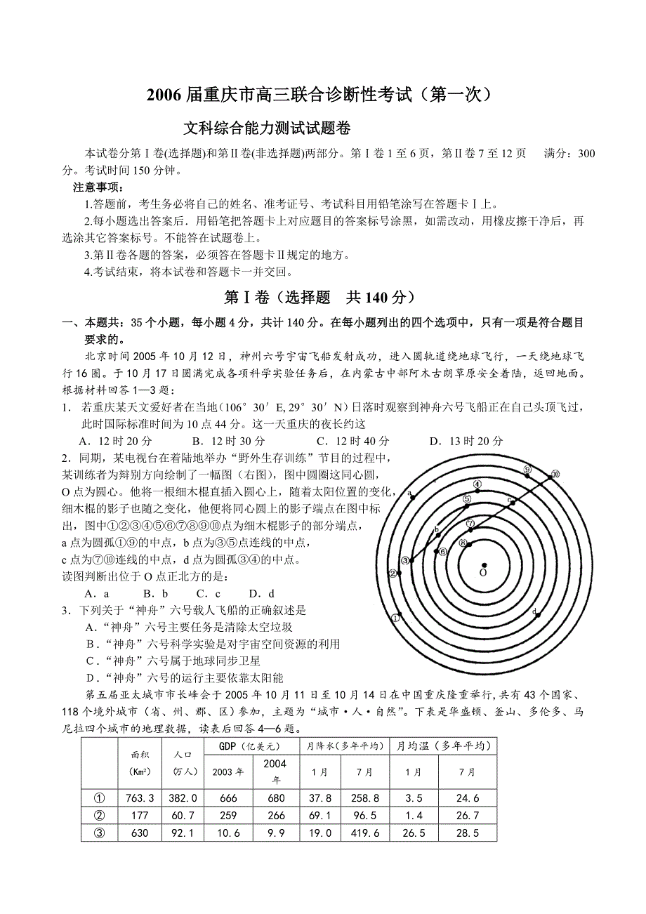 2006届重庆市高三联合诊断性考试（文科综合）.doc_第1页