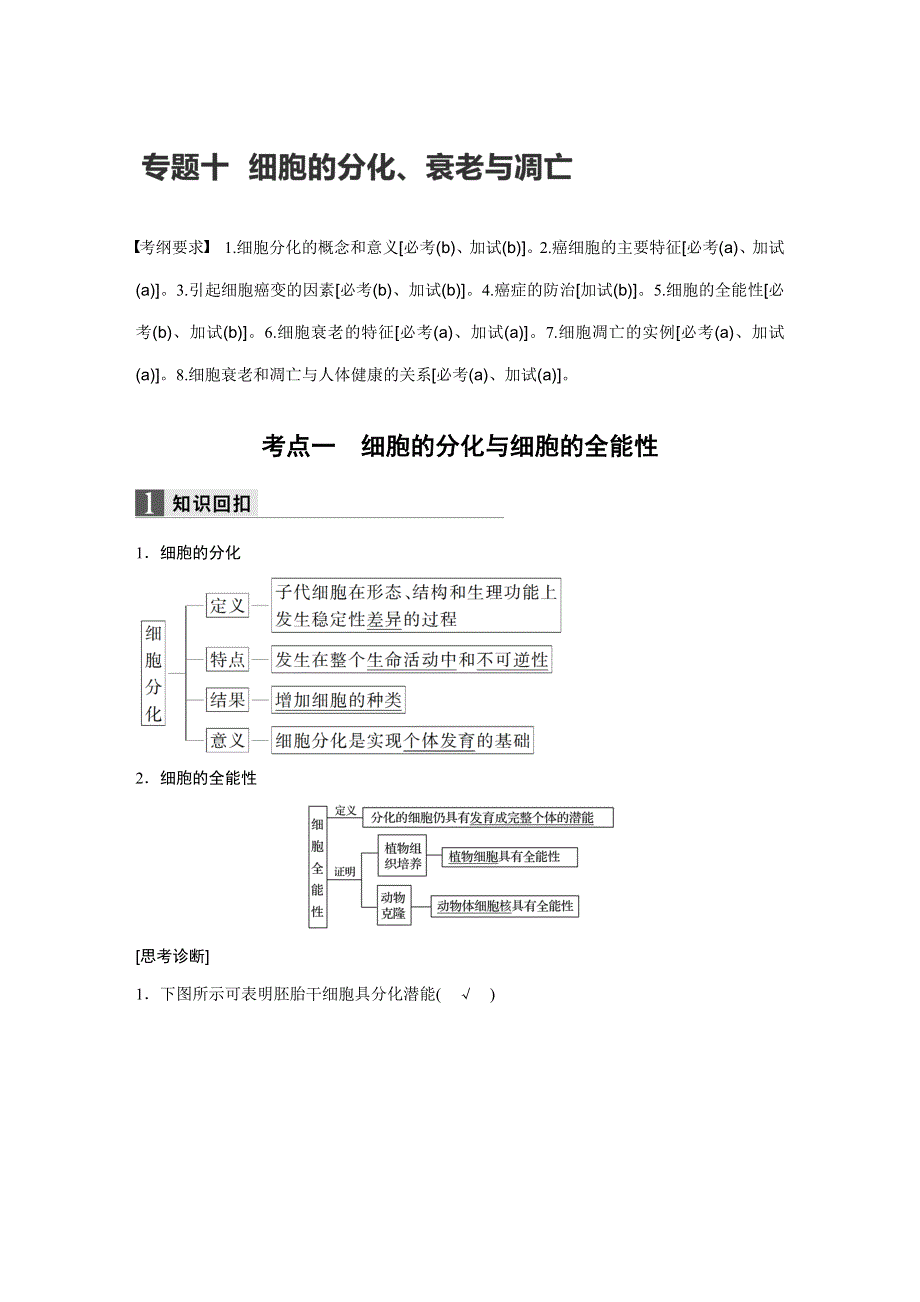 2017届高考生物二轮复习（浙江专用WORD文本）：专题十细胞的分化、衰老与凋亡 WORD版含解析.docx_第1页