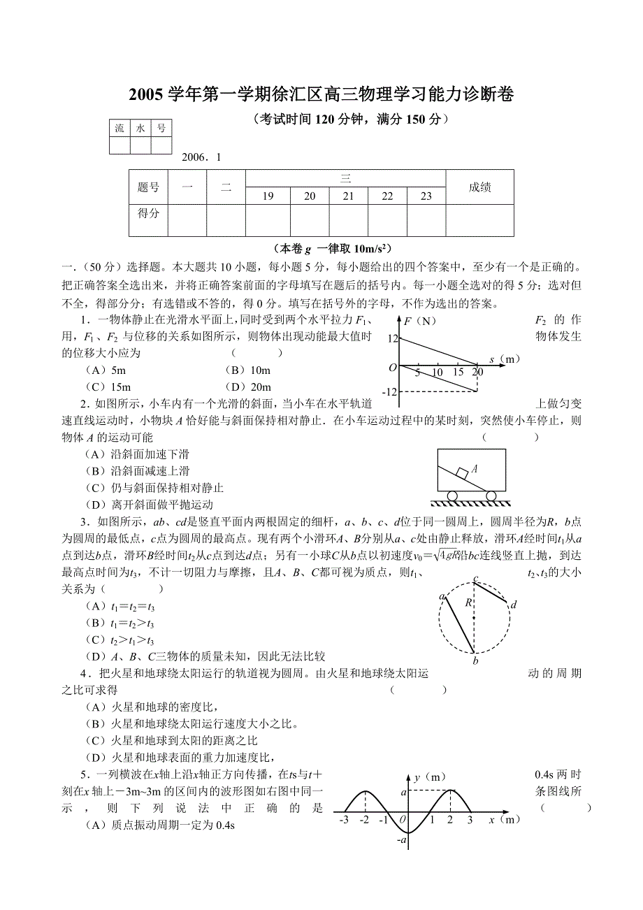 2005学年第一学期徐汇区高三物理学习能力诊断卷.doc_第1页