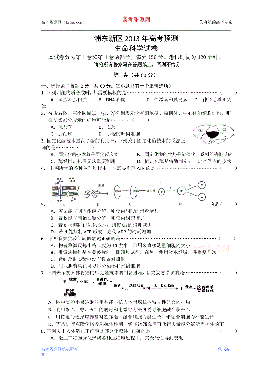 《2013上海浦东新区二模》上海市浦东新区2013届高三下学期二模生物试题 WORD版含答案.doc_第1页