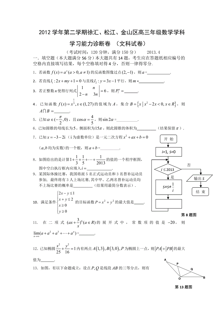 《2013上海徐汇、松江、金山二模》上海市徐汇、松江、金山区2013届高三下学期二模数学（文）试题 WORD版含答案.doc_第1页