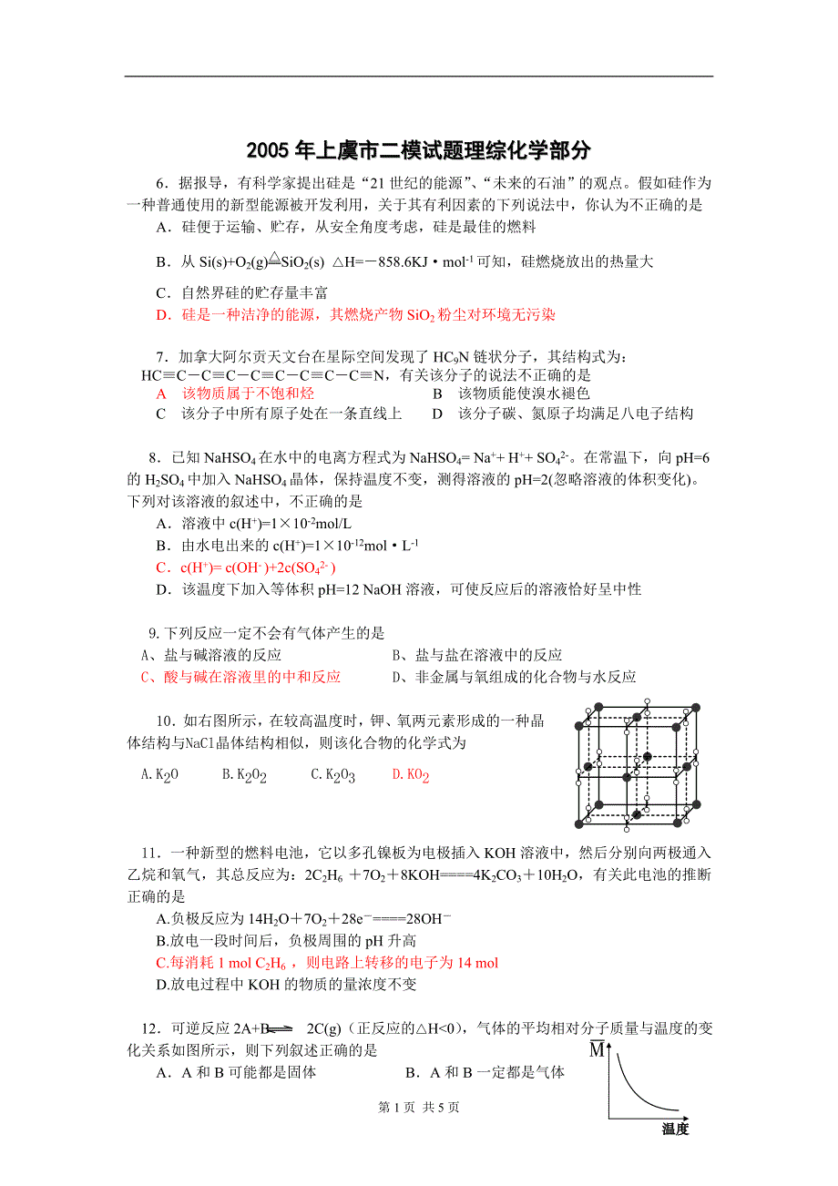 2005年上虞市二模试题理综化学部分.doc_第1页