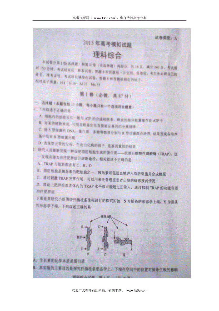 《2013东营二模》山东省东营市2013届高三第二次模拟考试 理综 扫描版含答案.doc_第1页