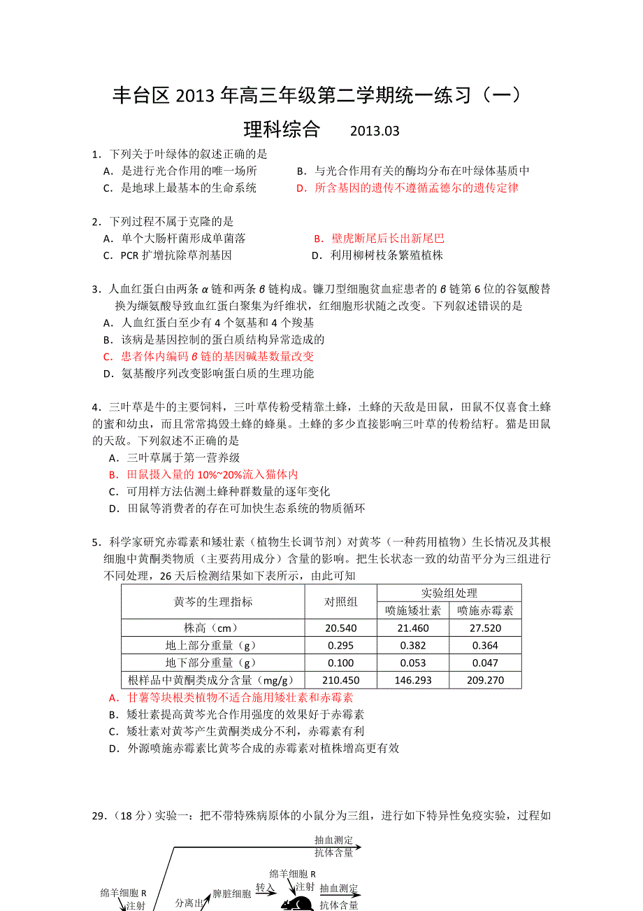 《2013丰台一模》北京市丰台区2013届高三下学期（3月）统一练习（一）生物试题.doc_第1页