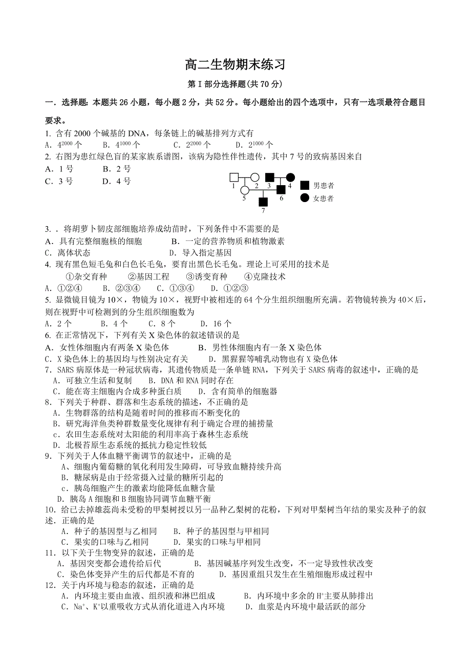 2005年下学期高二期末练习生物（附答案）.doc_第1页