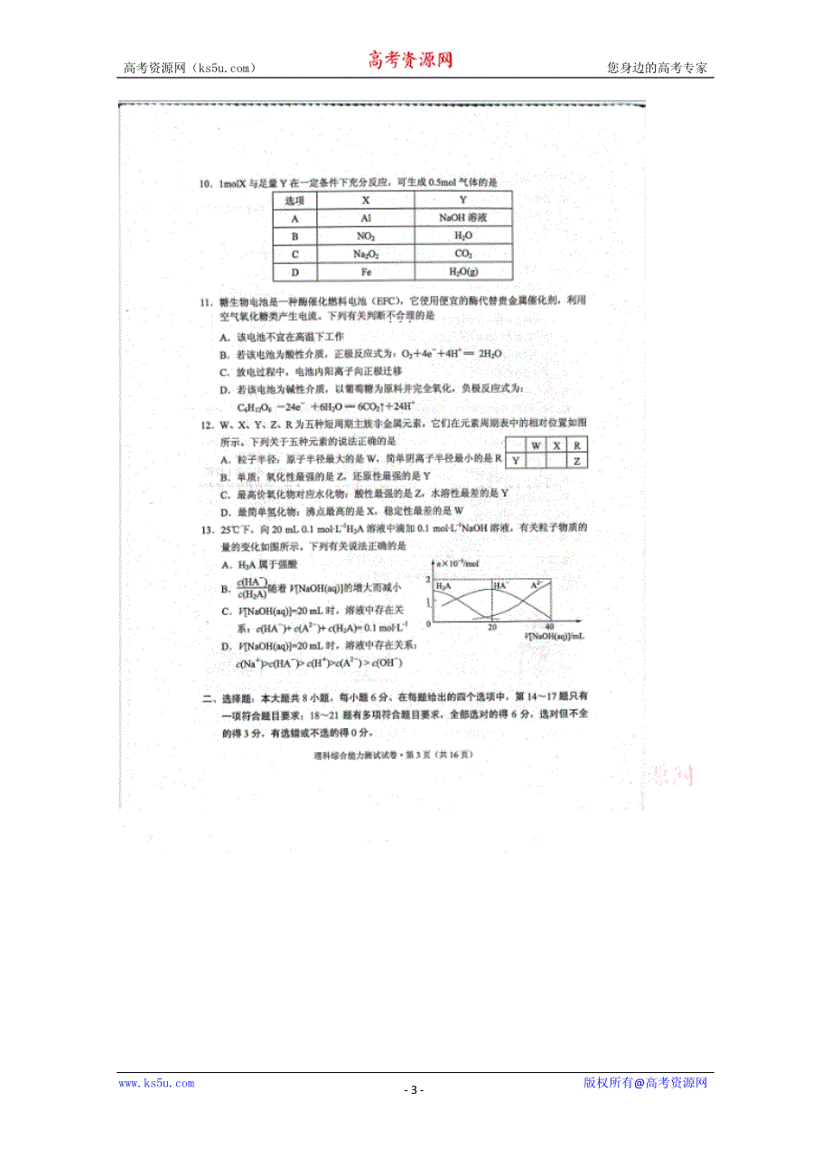 云南省2015届高三第一次高中毕业生复习统一检测理科综合（扫描版）.doc_第3页