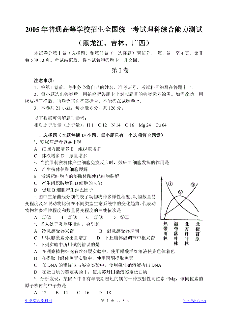 2005年全国普通高等学校招生统一考试理科综合能力测试（黑龙江、吉林、广西）.doc_第1页