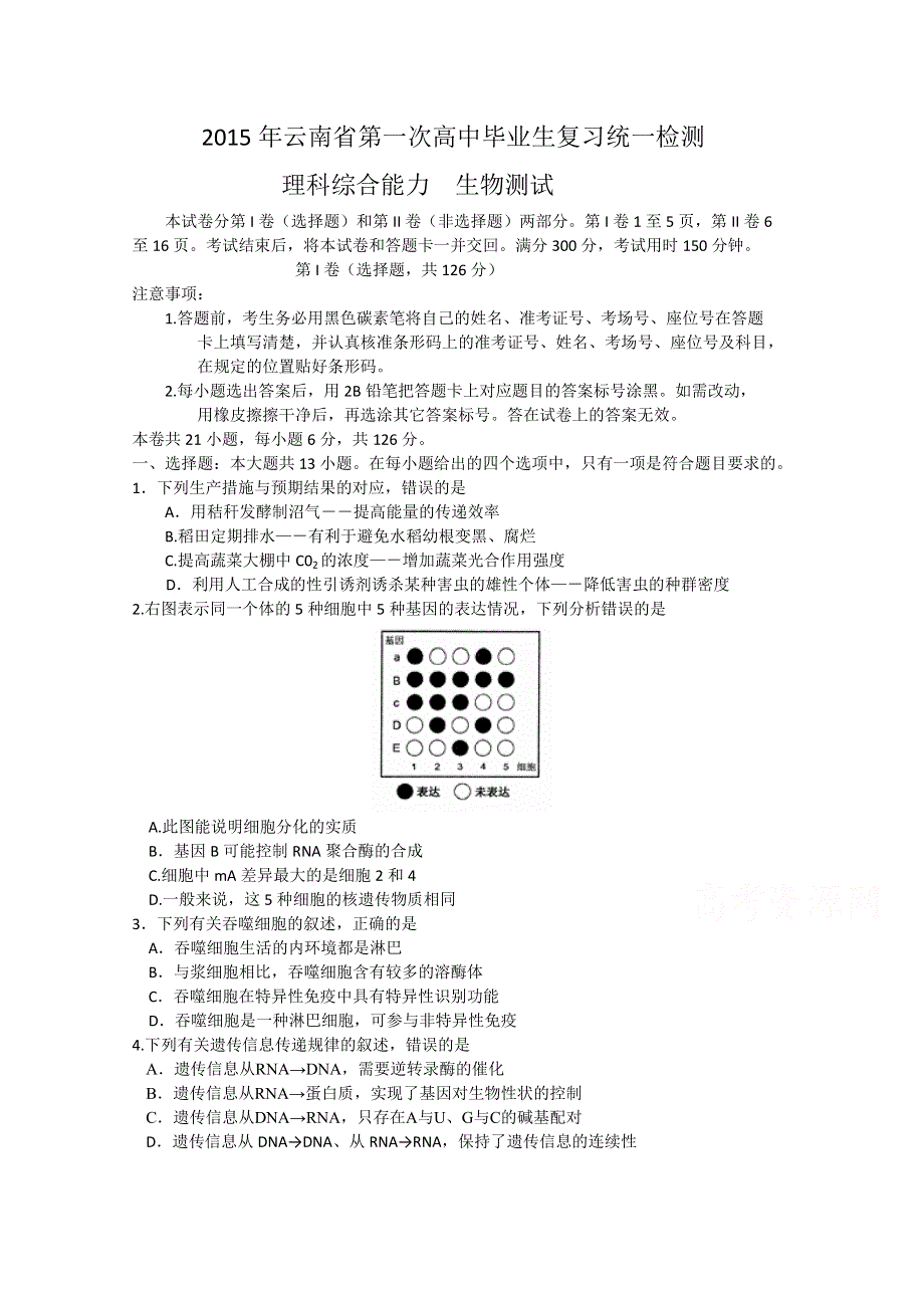 云南省2015届高三第一次（3月）统一检测理综生物试题 WORD版含答案.doc_第1页