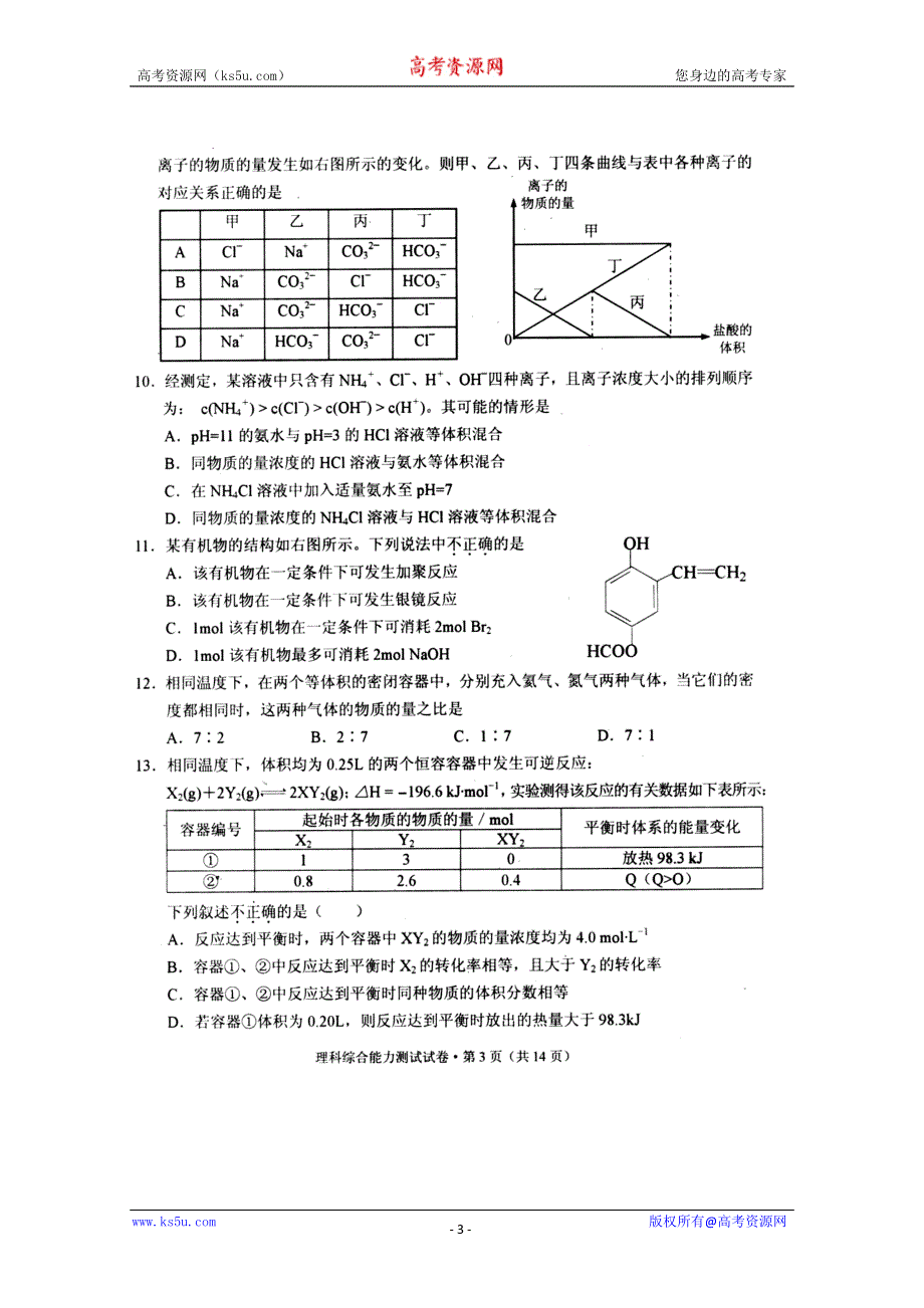 云南省2011年第一次高中毕业生复习统一检测（理综）（扫描版）.doc_第3页