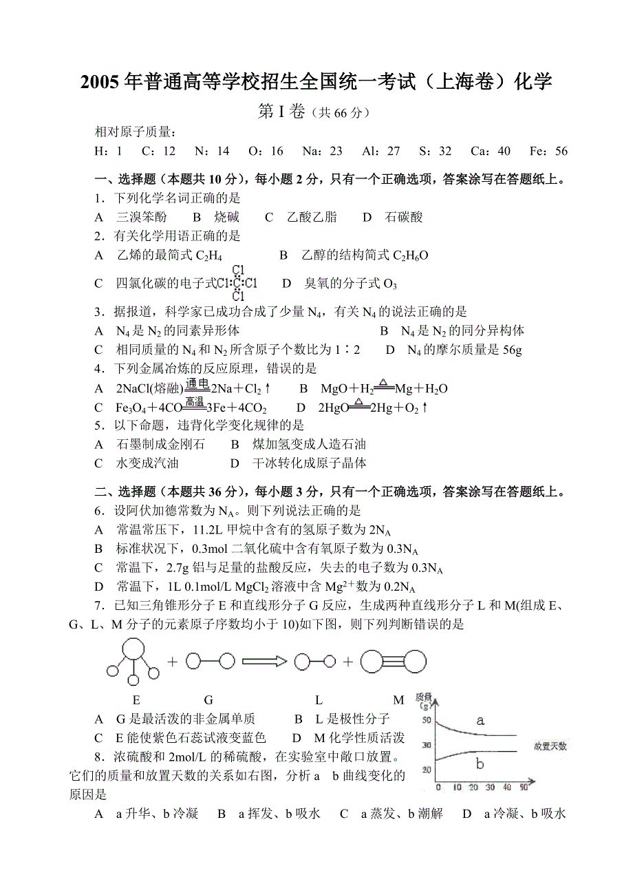 2005年全国普通高等学校招生统一考试（上海）化学试题.doc_第1页