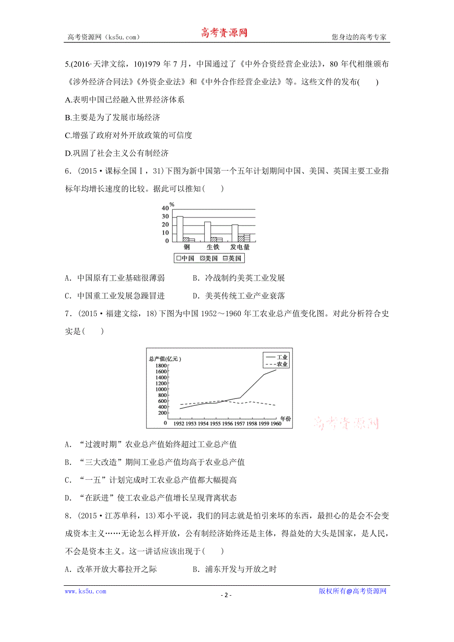 2017版《三年高考两年模拟》高考历史汇编专题：专题二十一　中国特色社会主义建设的道路 WORD版含答案.docx_第2页