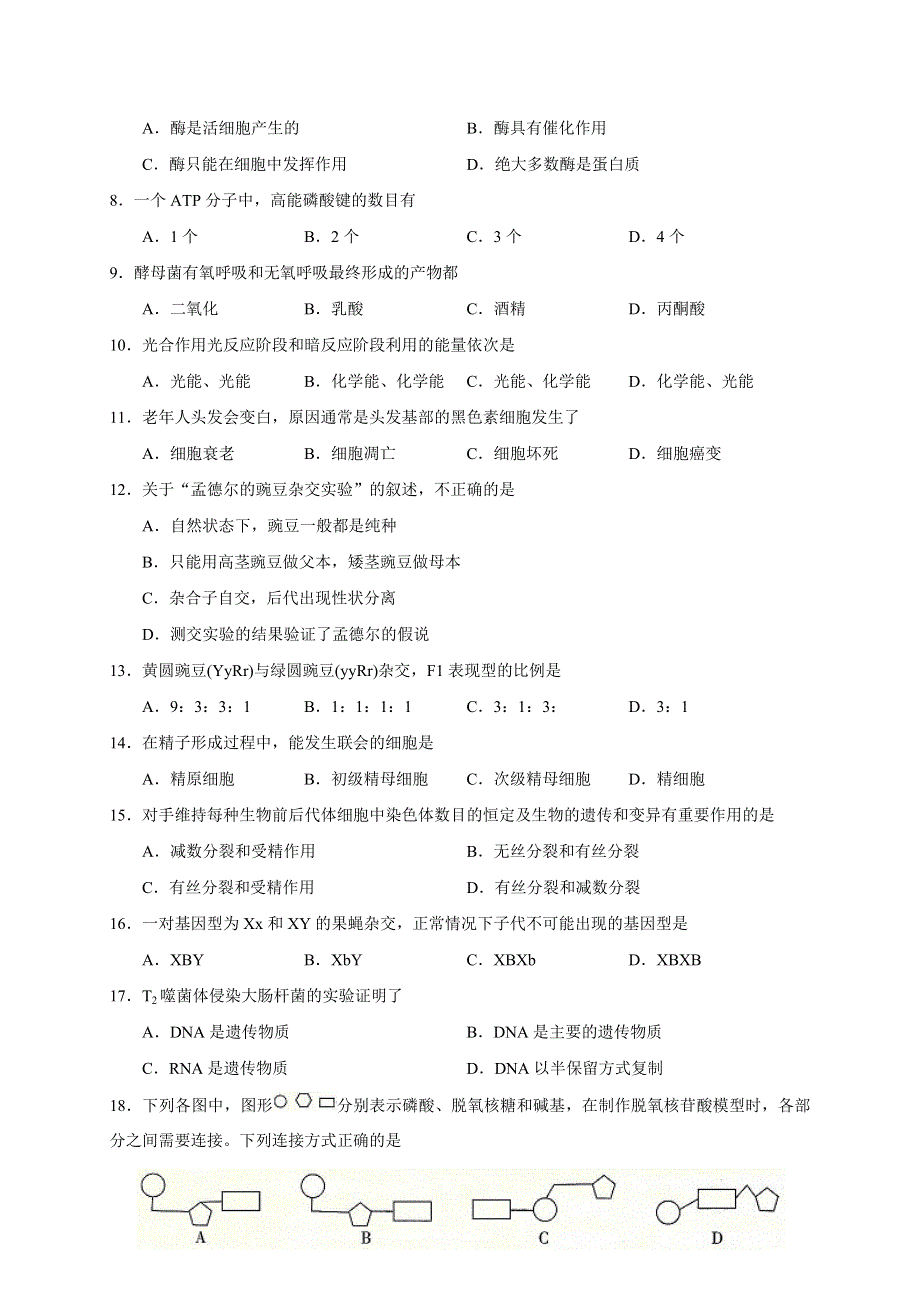 云南省2019年7月普通高中学业水平考试生物试题 WORD版含答案.doc_第2页