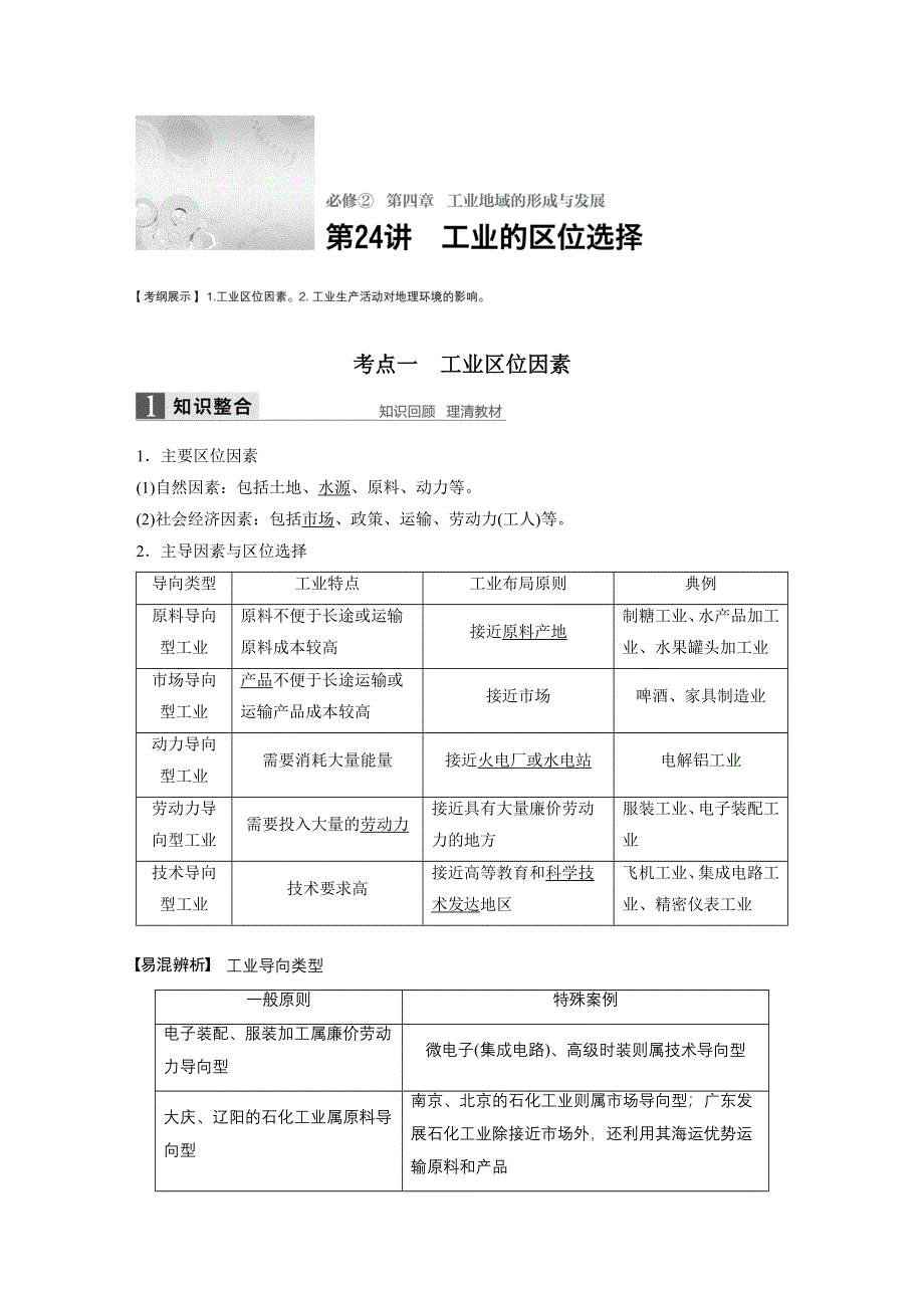 2017版地理大一轮复习人教版（全国）文档：必修2 第4章 工业地域的形成与发展 第24讲 WORD版含答案.docx_第1页