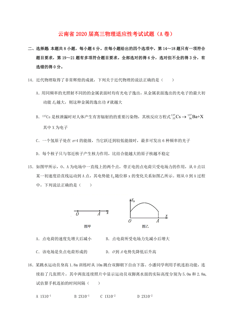 云南省2020届高三物理适应性考试试题（A卷）.doc_第1页