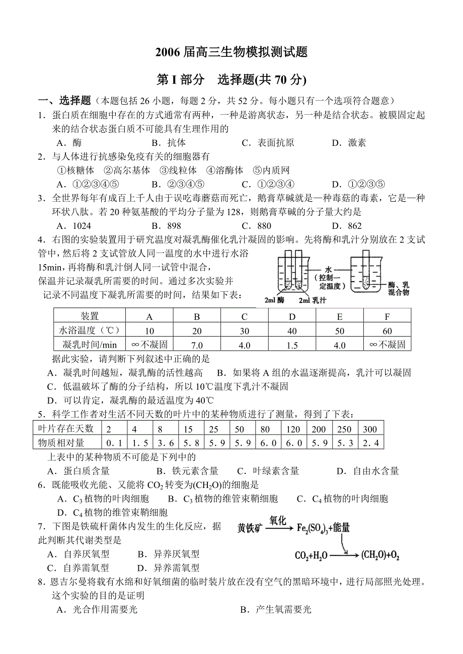 2006届高三生物模拟测试题.doc_第1页