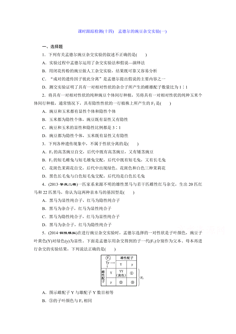 《2015三维设计》高考生物（安徽专用） 课时跟踪检测(十四)　孟德尔的豌豆杂交实验(一) WORD版含答案.doc_第1页