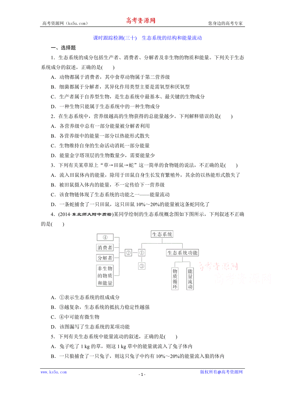 《2015三维设计》高考生物（安徽专用） 课时跟踪检测(三十)　生态系统的结构和能量流动 WORD版含答案.doc_第1页