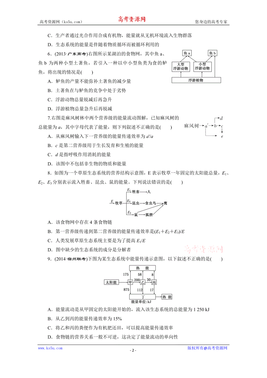 《2015三维设计》高考生物（安徽专用） 课时跟踪检测(三十)　生态系统的结构和能量流动 WORD版含答案.doc_第2页