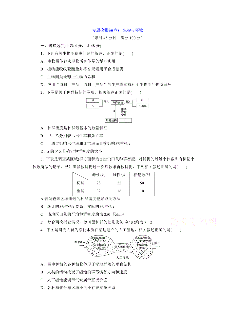 《2015三维设计》高考生物（安徽专用）一模考前热身训练 专题检测卷(六)　生物与环境 WORD版含答案.doc_第1页