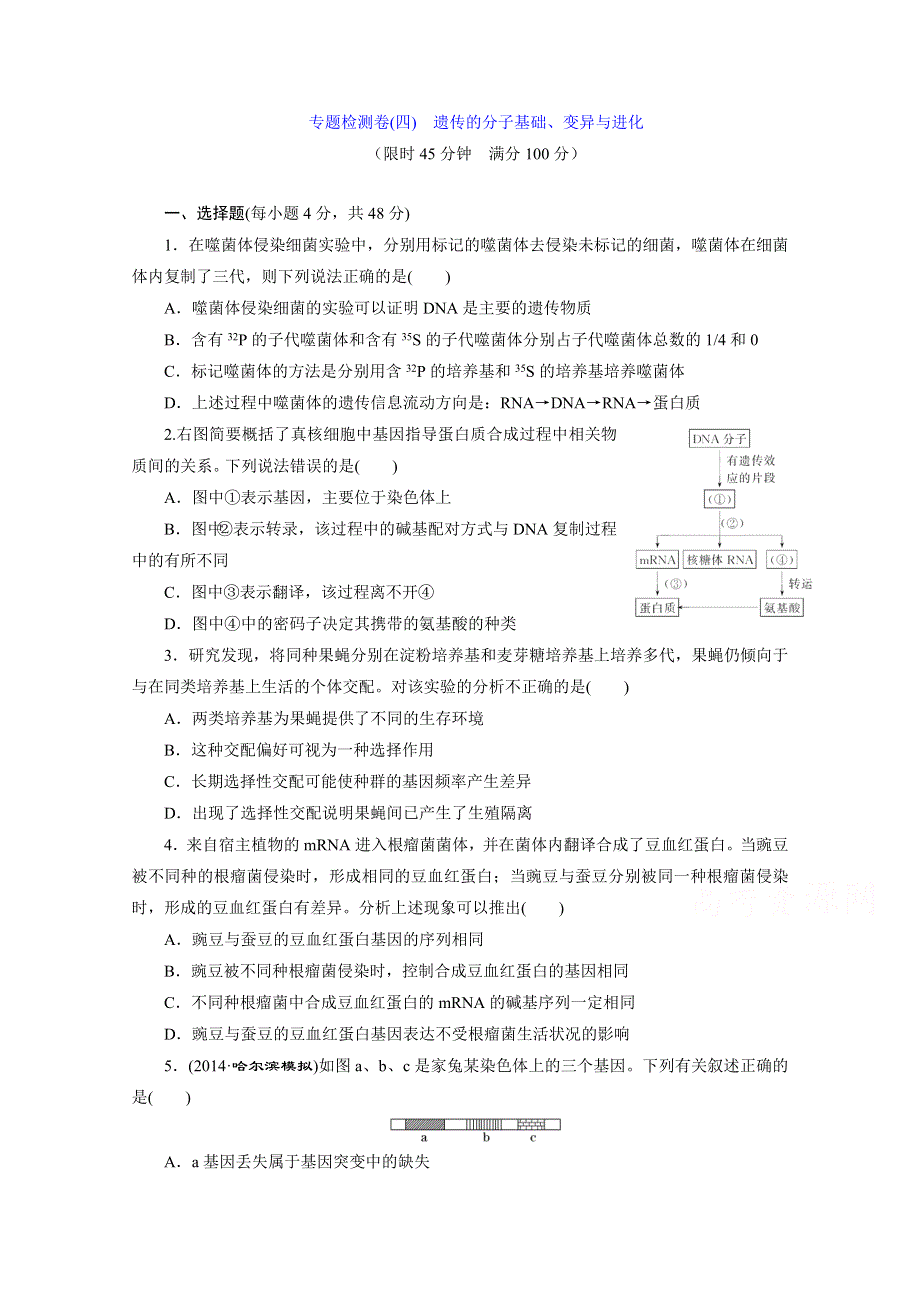 《2015三维设计》高考生物（安徽专用）一模考前热身训练 专题检测卷(四)　遗传的分子基础、变异与进化 WORD版含答案.doc_第1页