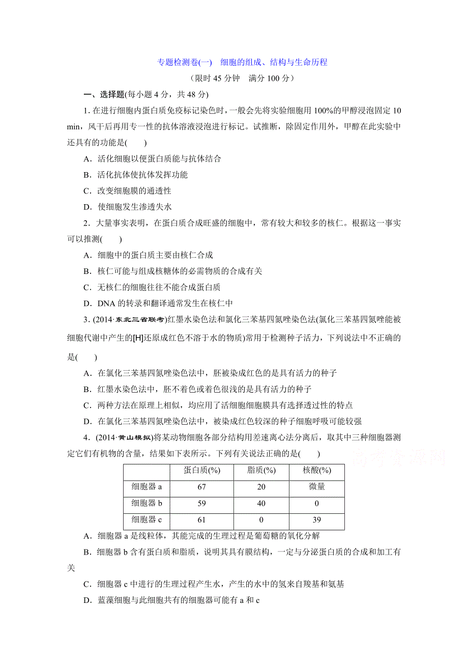 《2015三维设计》高考生物（安徽专用）一模考前热身训练 专题检测卷(一)　细胞的组成、结构与生命历程 WORD版含答案.doc_第1页