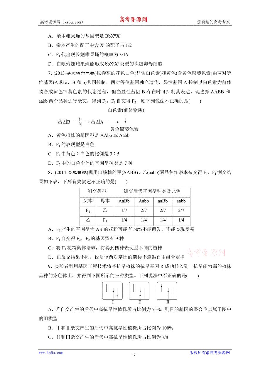 《2015三维设计》高考生物（安徽专用）一模考前热身训练 专题检测卷(三)　遗传的基本规律与伴性遗传 WORD版含答案.doc_第2页