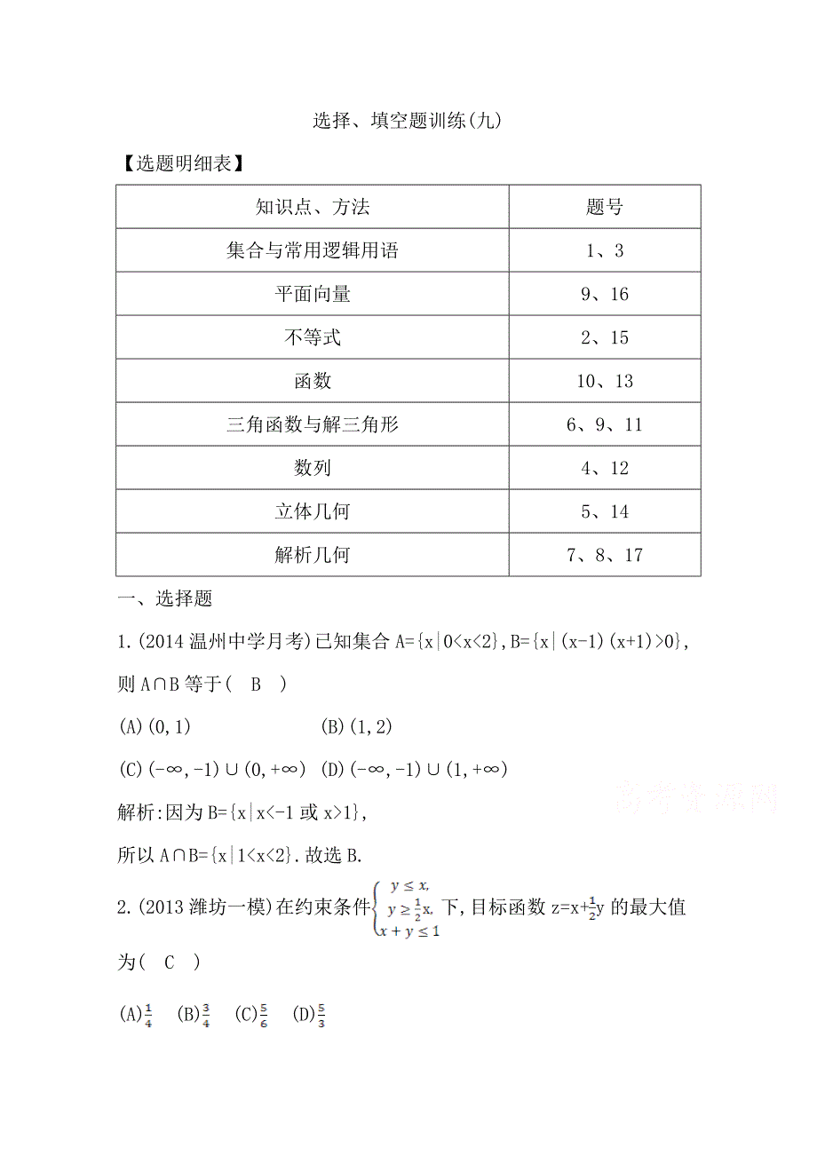 《2015导与练-高校信息化课堂》高三理科数学二轮复习—专项训练选择、填空题训练(九).doc_第1页