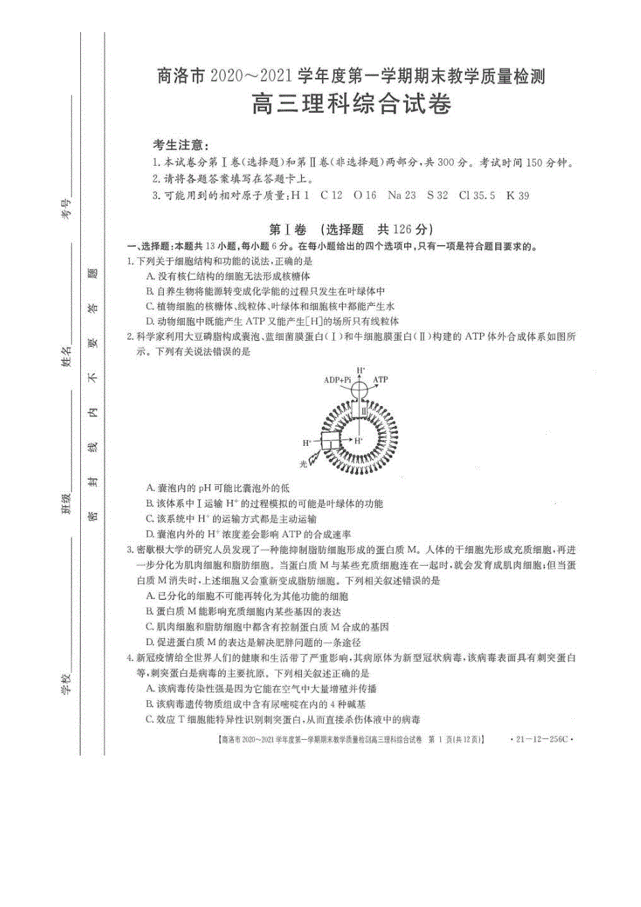 陕西省商洛市2021届高三上学期期末教学质量检测理综试题 扫描版含答案.pdf_第1页