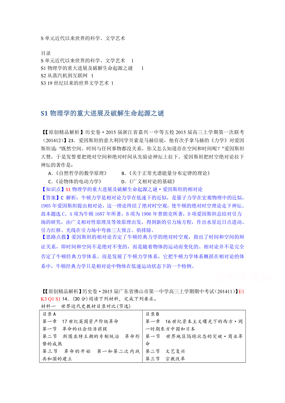 《2015届备考》2014全国名校历史试题分类解析汇编（12月）：S单元近代以来世界的科学、文学艺术.doc_第1页