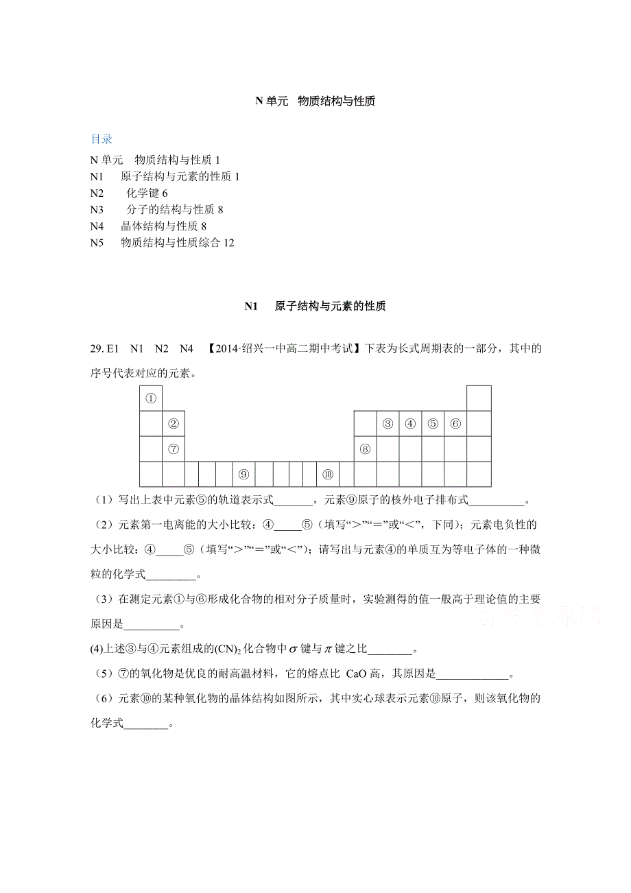 《2015届备考》2014全国名校化学试题分类解析汇编：N单元 物质结构与性质.doc_第1页