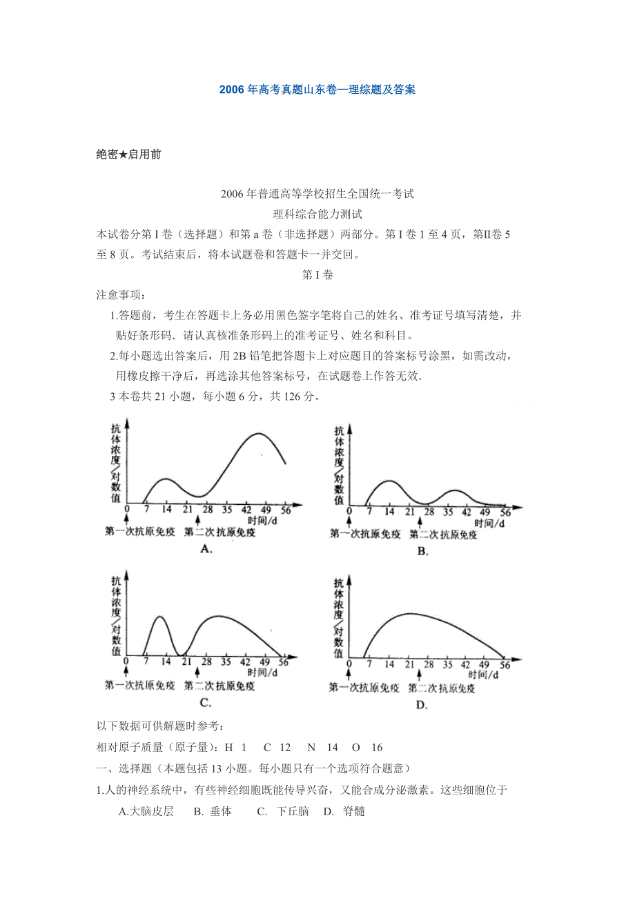 2006年高考真题山东卷—理综题及答案.doc_第1页