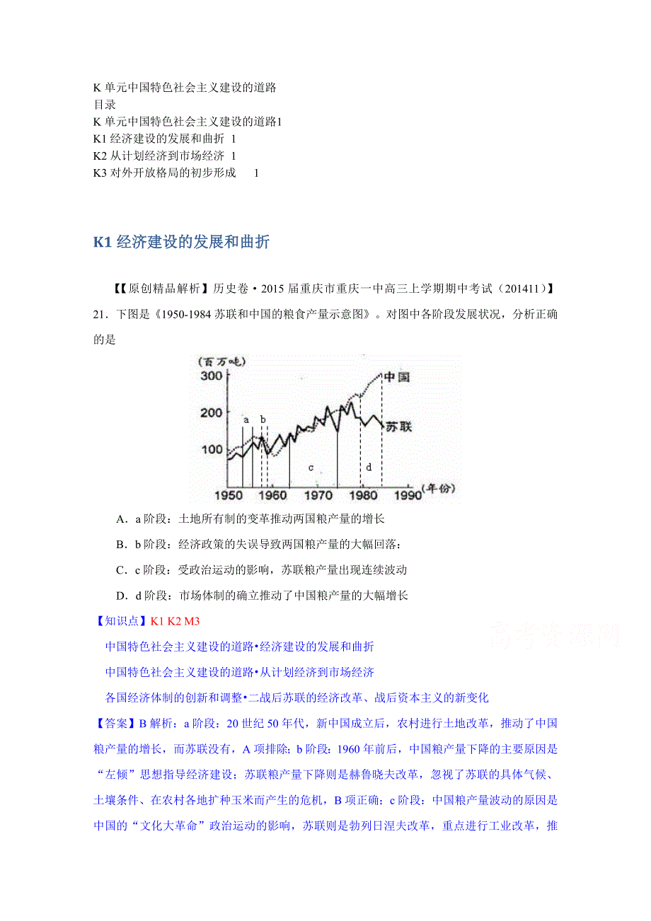 《2015届备考》2014全国名校历史试题分类解析汇编（12月）：K单元中国特色社会主义建设的道路.doc_第1页