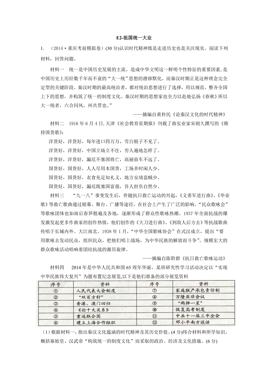 《2015届备考》2014年全国历史模拟试题分类汇编：E单元 现代中国的政治建设与祖国统一2 WORD版含答案.doc_第1页