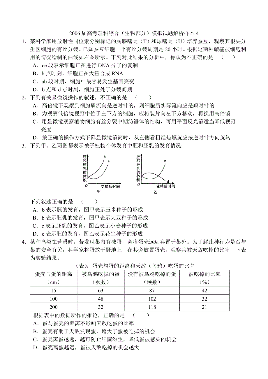 2006届高考理科综合模拟试题解析样本4.doc_第1页