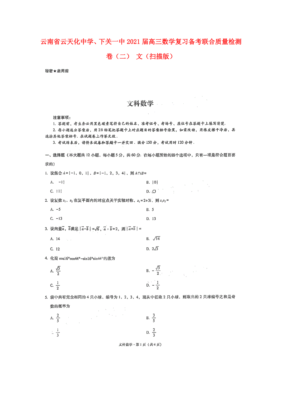 云南省云天化中学、下关一中2021届高三数学复习备考联合质量检测卷（二） 文（扫描版）.doc_第1页