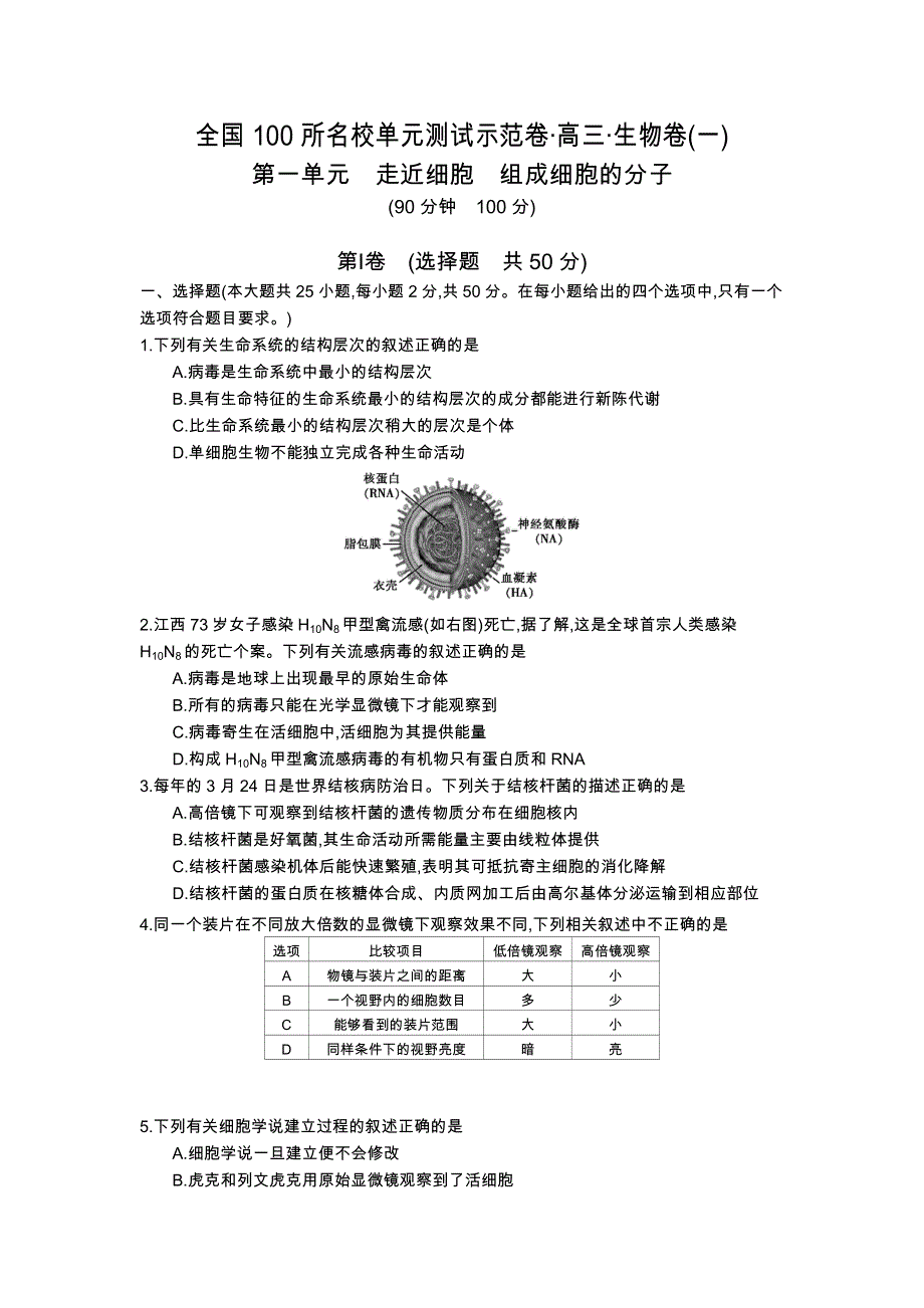 《全国100所名校单元测试示范卷》2016高三生物（人教版 东部）一轮复习备考：第一单元 走近细胞　组成细胞的分子（含解析）.docx_第1页