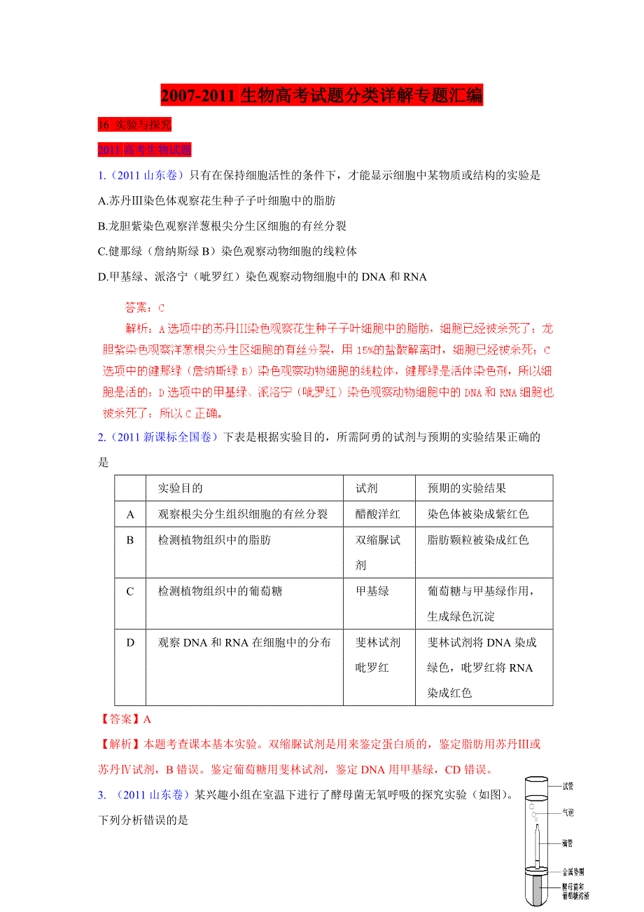 2007-2011生物高考试题分项详解专题汇编：16 实验与探究.doc_第1页