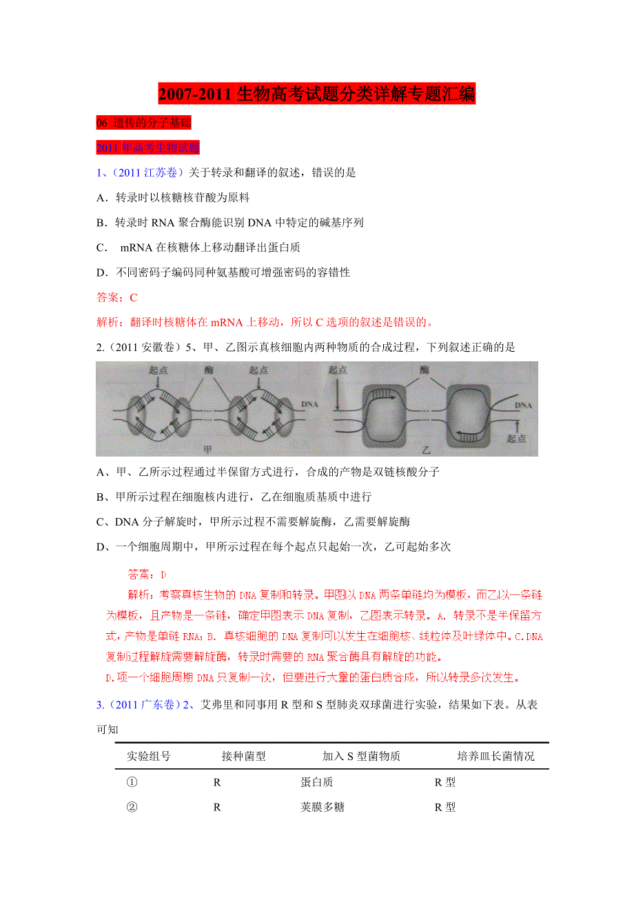 2007-2011生物高考试题分项详解专题汇编：06 遗传的分子基础.doc_第1页