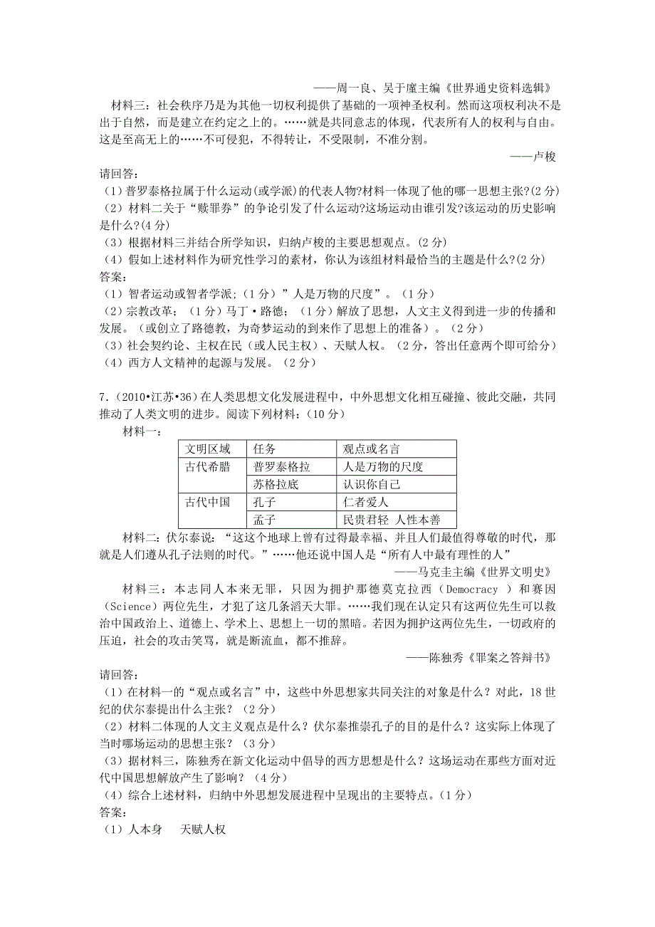 2007-2013年江苏省普通高中学业水平测试历史真题分解 专题六 西方人文精神的起源与发展 WORD版含答案.doc_第2页