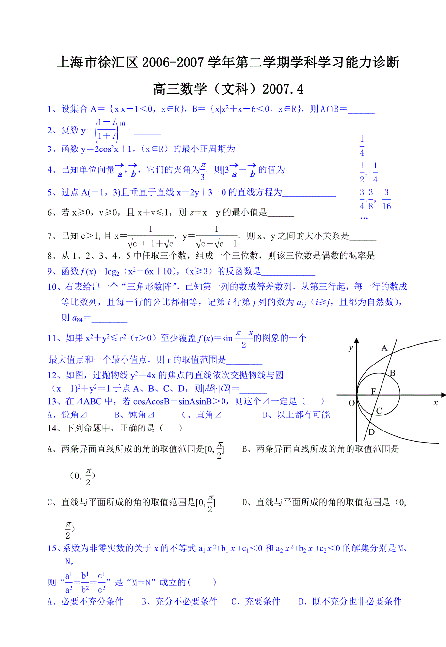 2007上海市徐汇区学习能力诊断高三数学（文）.doc_第1页