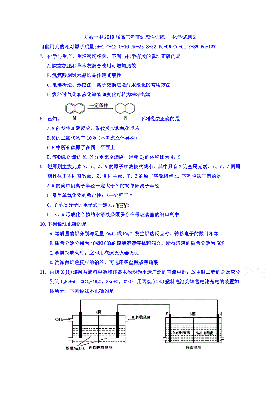 云南省大姚一中2019届高三上学期化学适应性训练试卷2 WORD版含答案.doc_第1页