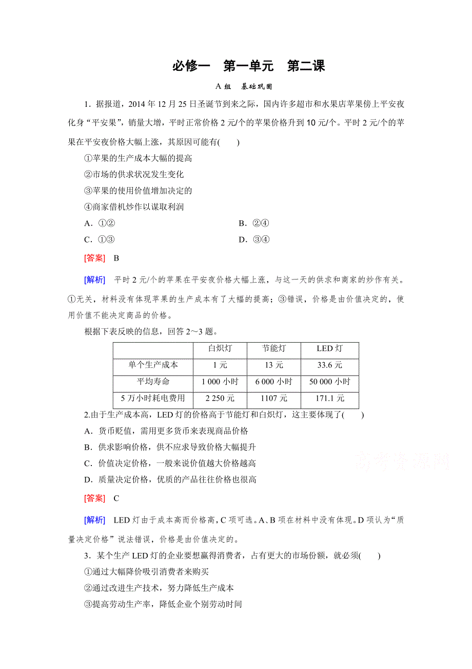 《2015春走向高考》高三政治一轮（人教版）复习：必修1 第一单元 第2课 课时巩固.doc_第1页