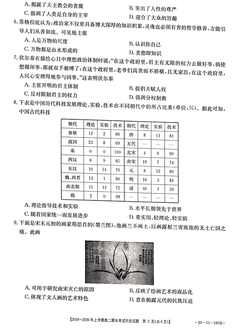 安徽省天长中学2019-2020学年高二上学期期末考试历史试题 扫描版含答案.pdf_第2页