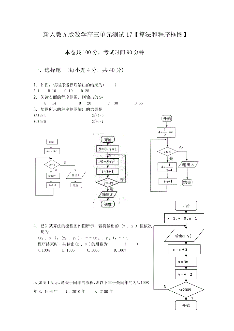 云南省人教A版数学（理科）2012届高三单元测试17《算法和程序框图》.doc_第1页