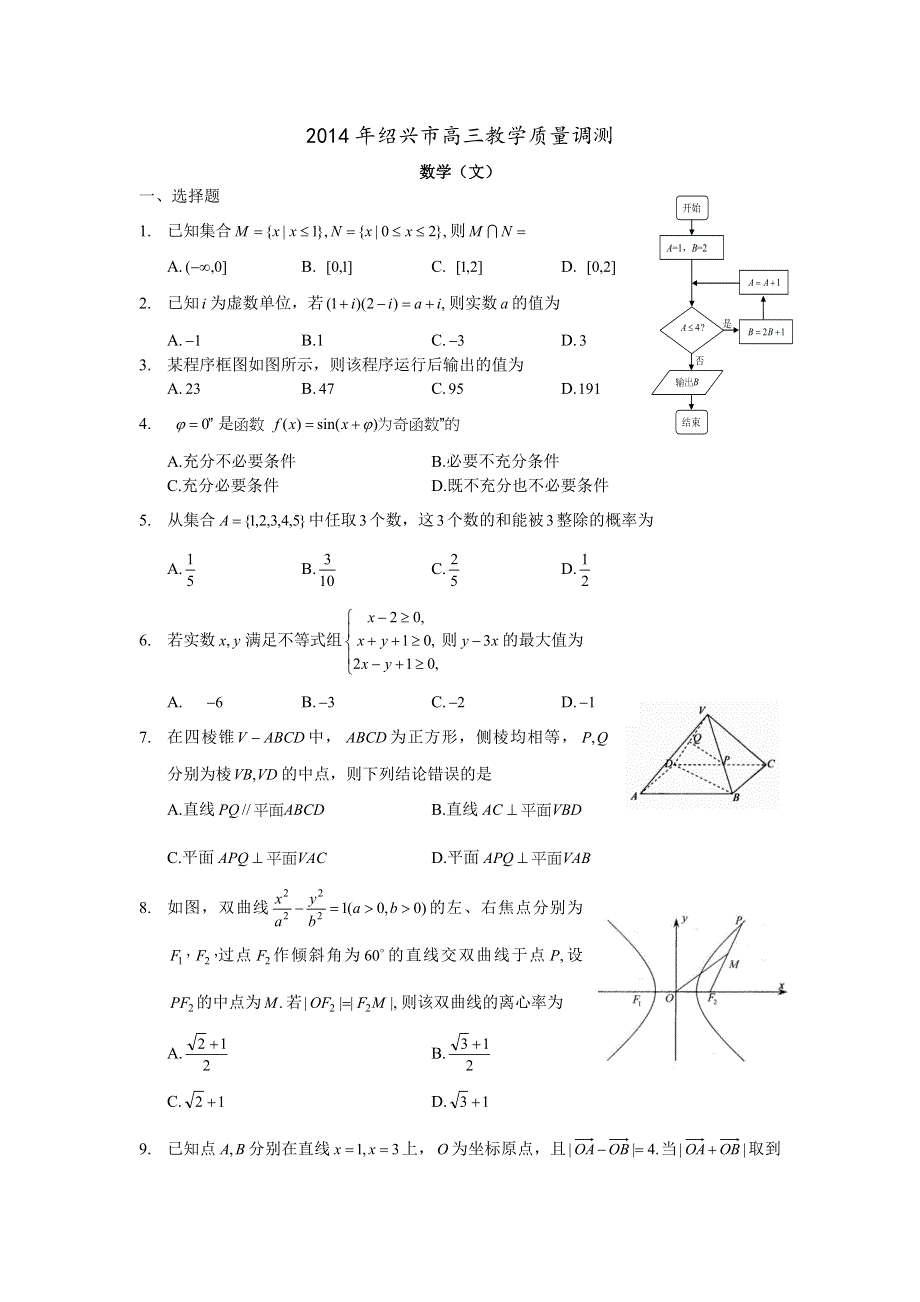 《2014绍兴一模》浙江省绍兴市2014届高三教学质量调测数学文试题 WORD版含答案.doc_第1页