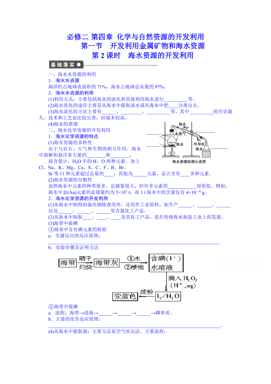 新疆兵团农二师华山中学化学（人教版）学案 必修二：第四章 第一节 开发利用金属矿物和海水资源第2课时　海水资源的开发利用.doc_第1页