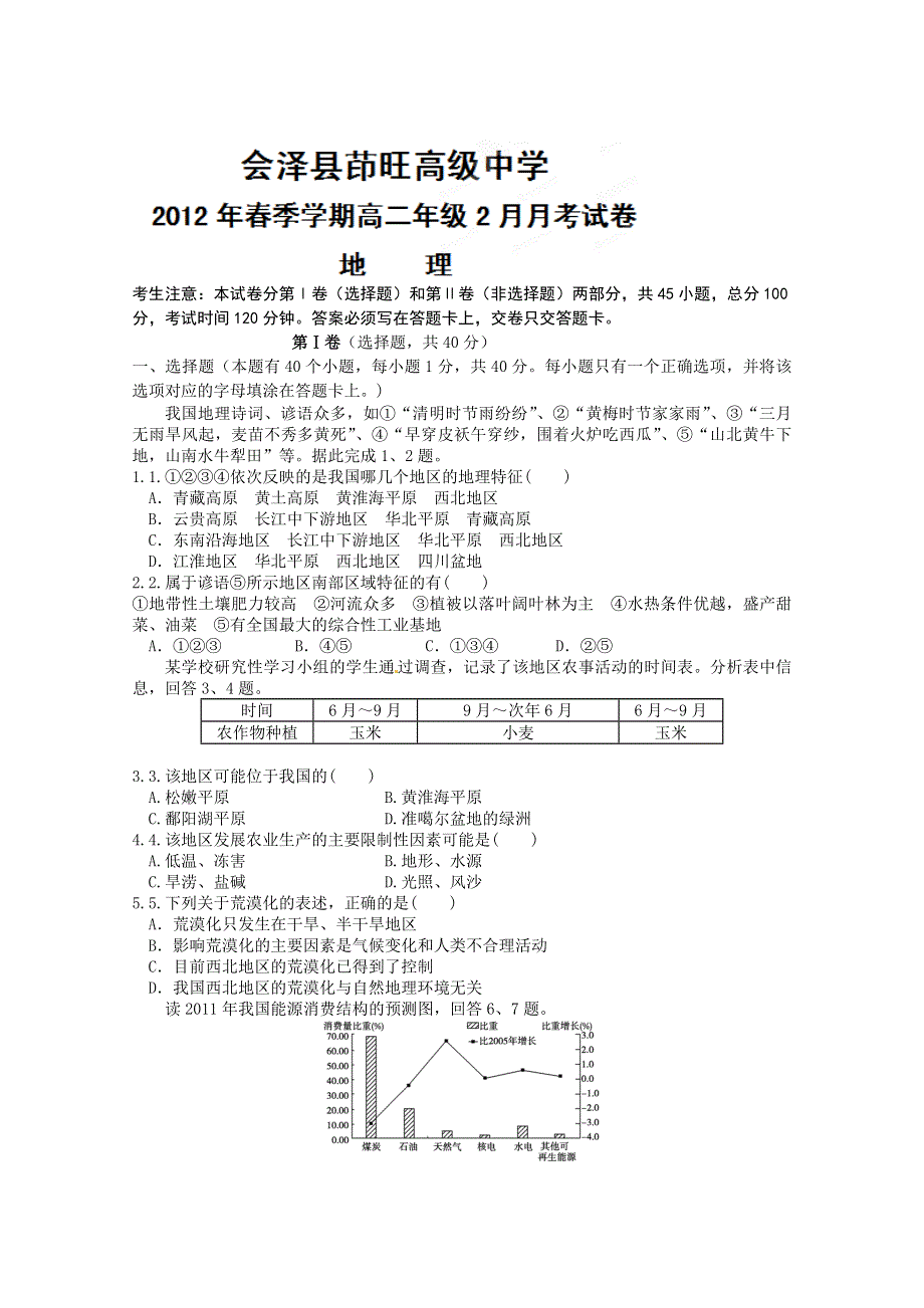 云南省会泽县茚旺高级中学11-12学年高二下学期2月月考地理试题.doc_第1页